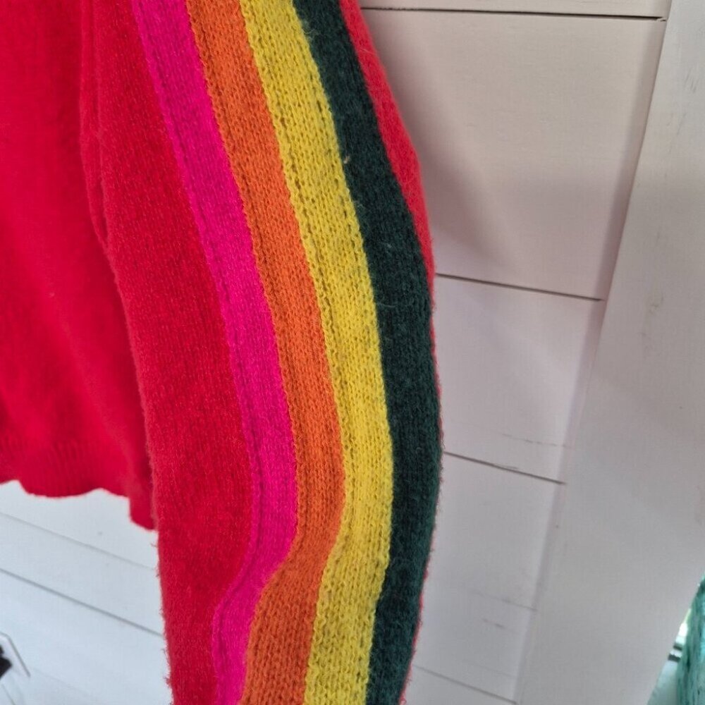 Jodifl Red Knit Sweater With Rainbow Striped Sleeves Womens Medium - Picture 3 of 4